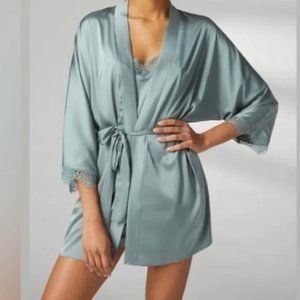 Victoria’s Secret - Satin Mint Green Blue Tie Wrap Lace Kimono Size XS/S